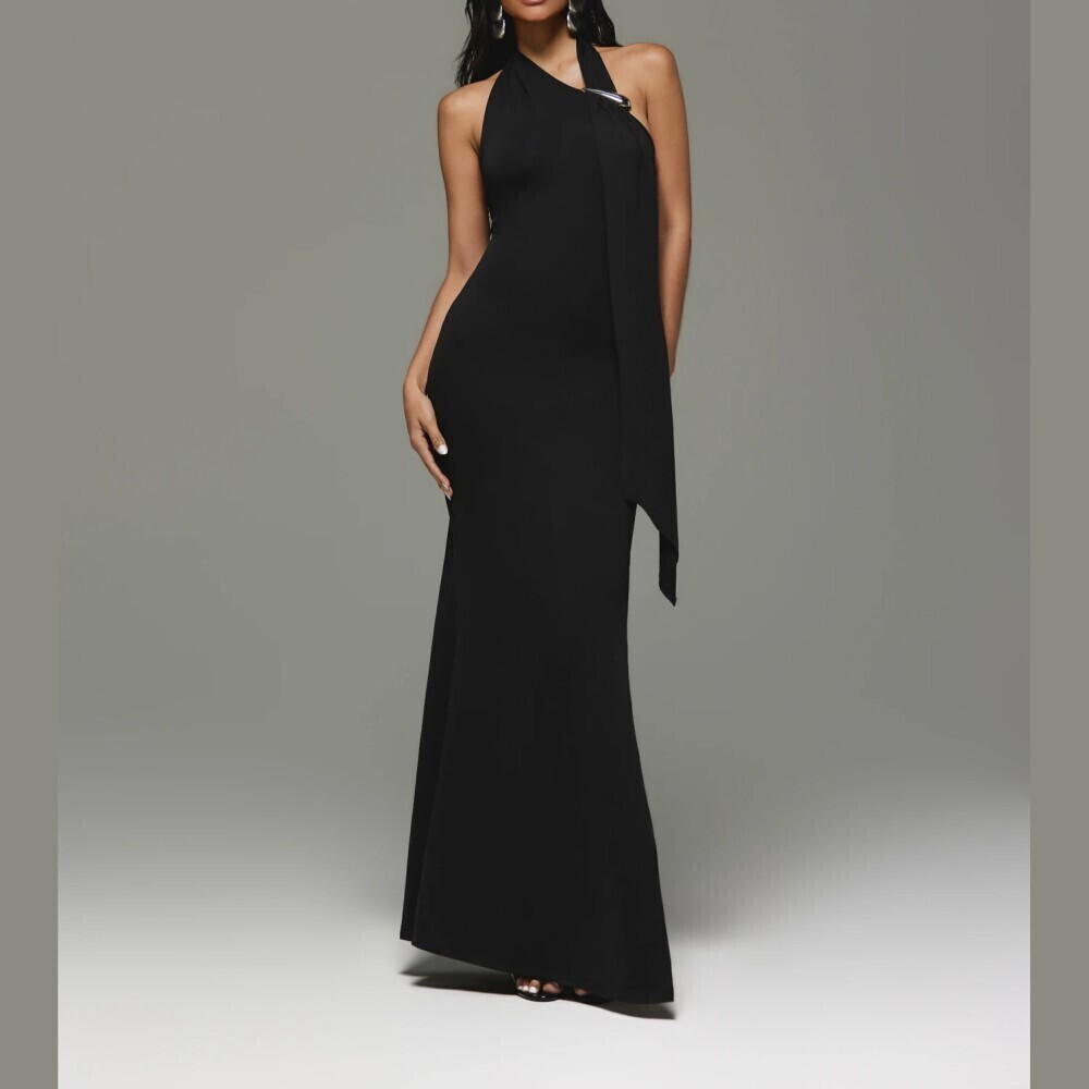 Black Halter Draped Asymmetric Sash Slim Fit Maxi Dress